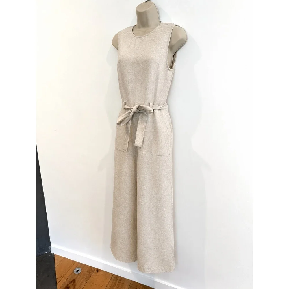 Reformation Linen Jumpsuit Naomi Sz 8 Belted Sleeveless Straight Leg Beige Flax